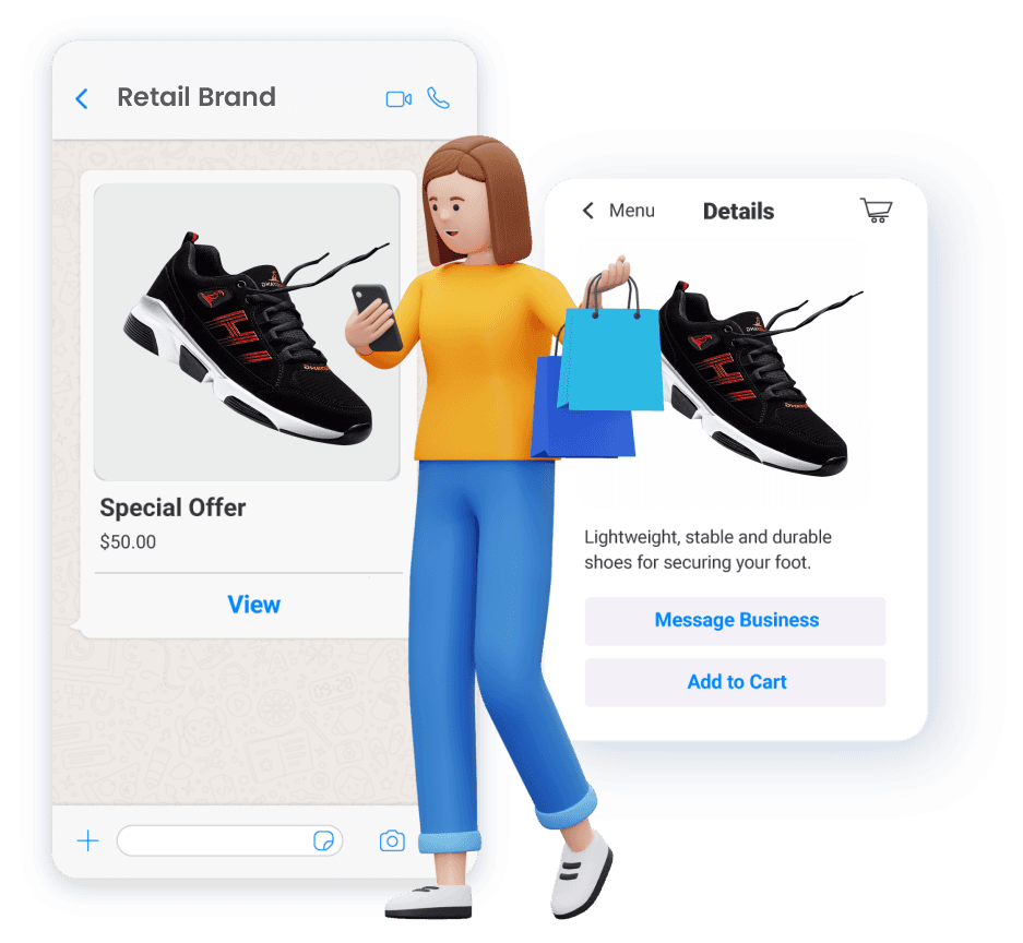 WhatsApp product offer with options to view details, message the business, and add an item to the cart.