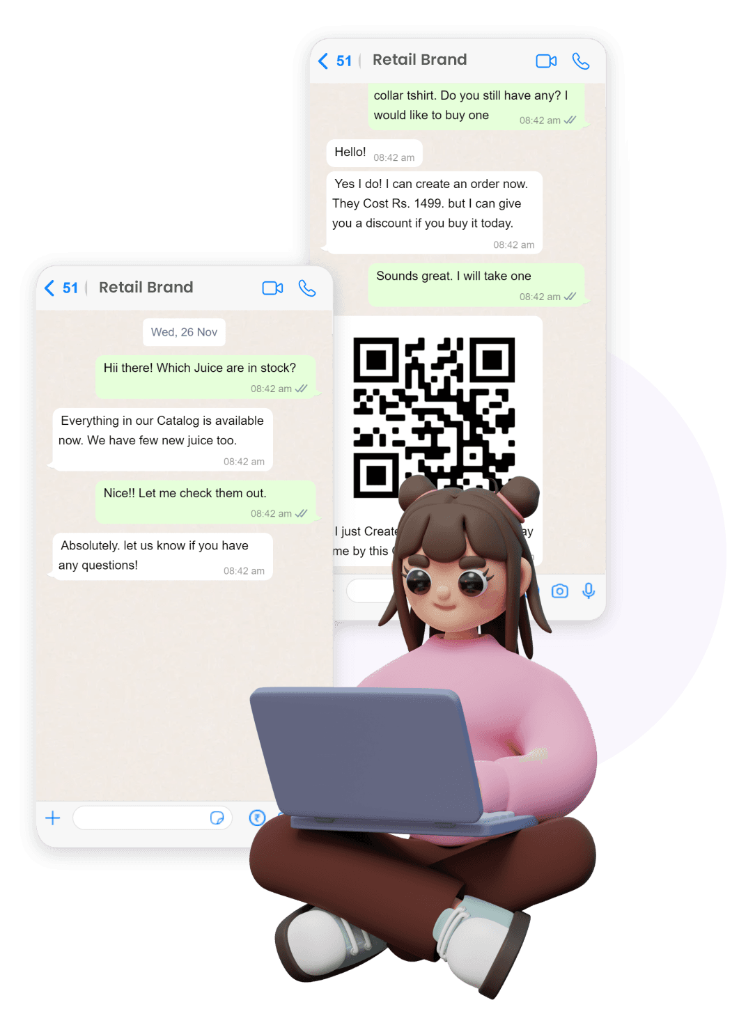 Example WhatsApp conversations answering product questions and helping a customer place an order.